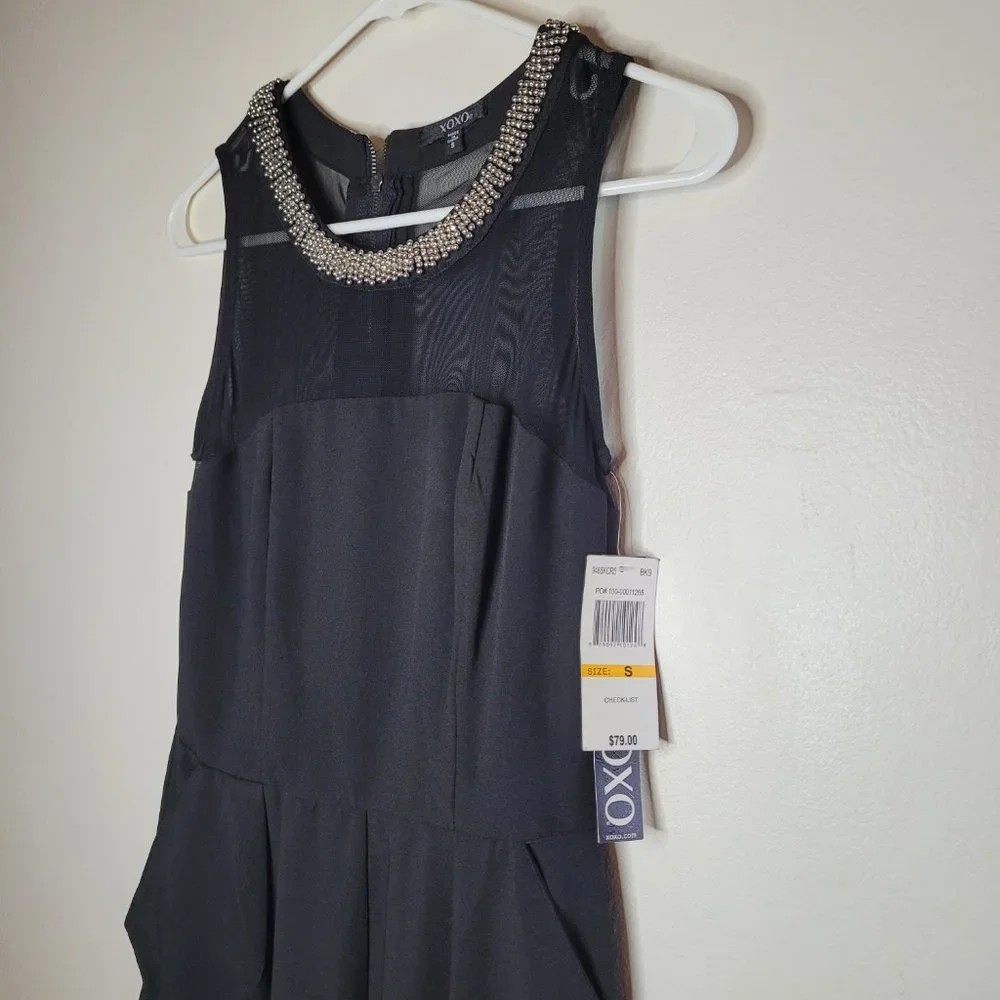 Nwt XOXO Jumpsuit Womens Black With Silver Beading Neckline Small Straight Leg - Picture 5 of 13